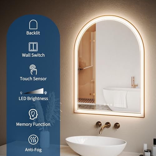SierraSquad Dimmable Arched LED Bathroom Mirror - Gold Aluminum Frame Vanity Mirror with Front & Backlit, Anti-Fog, Shatter-Proof, 3 Color Modes, Memory Function - 24x36in, Gold-Arch Shape-Double by SierraSquad - Image 6