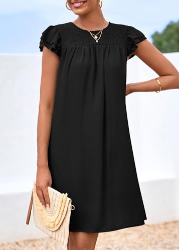 Image of KIRUNDO Wedding Guest Shift Dresses for Women Short Spring Summer Ruffle Cap Sleeve Chiffon Babydoll Flowy Mini Sundress(Black, Large)