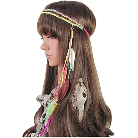 Boho Feather Headband Hippie Indian Leaf Hair Bands Tassel Bohemian Hair Hoops Hairband Headpiece Women Halloween Christmas Baby Shower Wedding Birthday Cosplay Dress Up Party Accessories Colorful Cover
