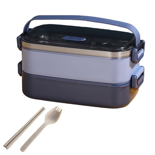 KIXZSAZ 積み重ね可能な2層ステンレススチールランチボックス、漏れ防止、大人用、ポータブル、和風、箸とフォーク、学校用, 青, 二重層