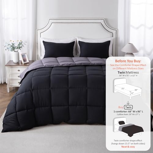 Image of KASENTEX Twin Comforter Set, Reversible, Goose Down Alternative, All Season | 250 GSM Fill, Ultra-Soft, Lightweight, Machine Washable, 1 Comforter + 1 Pillow Sham, Jet Black /Tornado