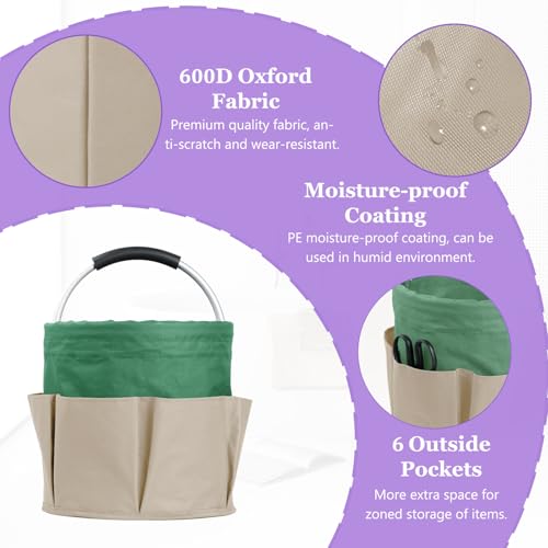 Image of Set of 2 Foldable Cleaning Caddy for Cleaning Supplies, 17L Household Tool Bucket Organizer for Men, Large Cleaning Basket in 600D Oxford Fabric for Travel, Garden, Khaki with Green