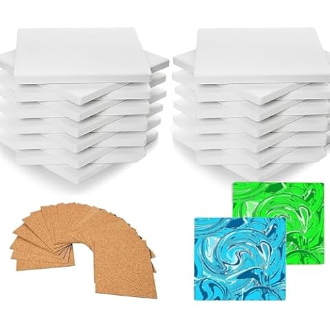 BOZUAN Strong Packaging! 24 PCS Square Unglazed Ceramic Tiles for Crafts Coasters with 24 PCS 2mm Self Adhesive Cork Squares,White Tiles 4x4 for Crafts Ceramic Cover