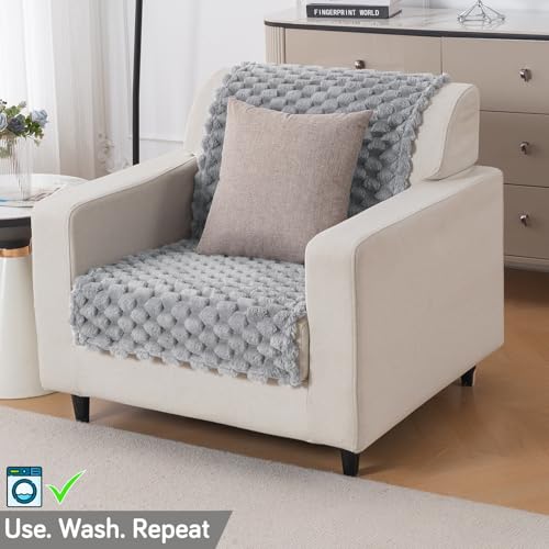 Image of HOKIPO Sofa Cover for 1 Seater Sofa | Thick Bubble Fluffy Rabbit Wool Plush Sofa Throw | Full Protection for Seat and Back | 'BunnySoft Series' (180x60 cm), Moon Grey (AR-6666-GRY)