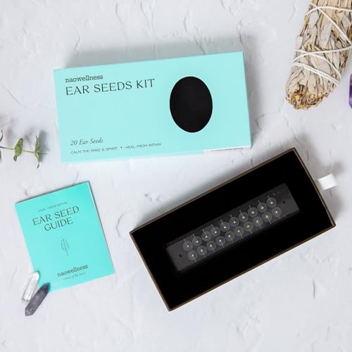 NAO Wellness Gold Ear Seeds- Auriculotherapy Seeds Self-Care Acupressure Beads with 40+ Solutions – 20 Gold Ear Seeds Acupuncture Kit – Suitable for Adults and Kids