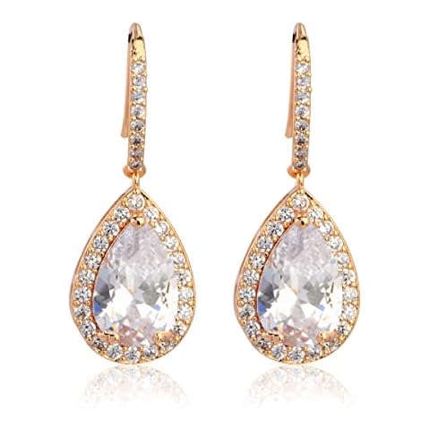 Gold Bridal Earrings for Wedding - Women's Sterling Silver Teardrop CZ Crystal Cubic Zirconia Dangle Earrings for Bride Bridesmaids Mother of Bride Pieced Fish Hook Earring for Party Prom Cover
