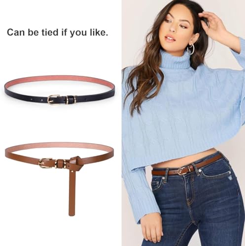 Women's Skinny Genuine Leather Belts Fashion Thin Waist Belt with Gold Buckle for Jeans Pants2