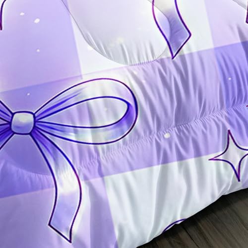 Image of AILONEN Violet Checkered Comforter Full 3 Piece Preppy Bow Bedspread Breathable Fabric Padded Quilt Teens Cool Room Decoration Plaid Pattern Lavender Cover 2 Shams