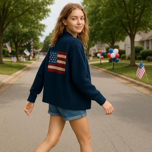 American Flag Knit Sweater Cardigan for Women USA Flag Star Stripe Print Open Front Knitwear Cardigans 4th of July4