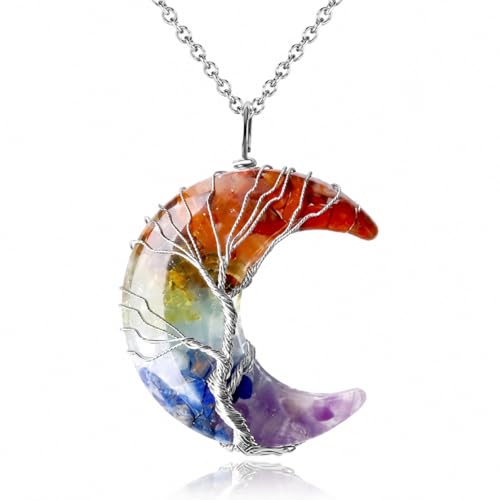 Image of Moon Chakra Necklace for Women - Healing Crystal Necklace Natural Stone Moon Pendant Wire Wrapped in Silver Tone - Gifts for Women & Friends, Mother's Day Gifts for Mom