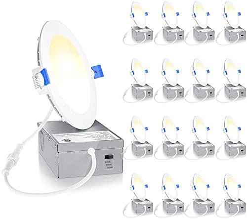 Ensenior 16 Pack Ultra-Thin LED Recessed Lighting 4 Inch 3CCT with Junction Box, 3000K/4000K/5000K Selectable, 9W 75W Eqv, Dimmable Can-Killer Downlight, 750LM High Brightness - ETL&Energy Star