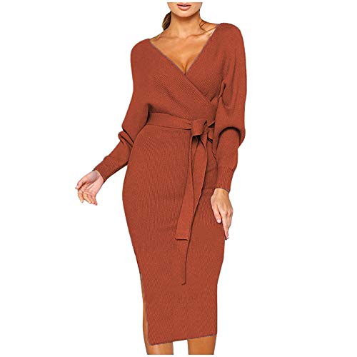 Robe tricoté à manches longues et col en V avec finitions façon satin