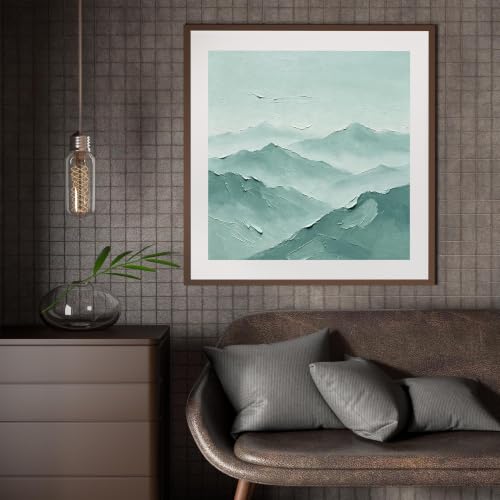 Toile Wabi-Sabi montagne brumeuse turquoise, poésie murale fait main - 2