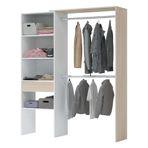 Habitdesign Armario Vestidor, Armario 2 Barras, 4 Baldas y 1 Cajón, Vestidor Reversible, Acabado en Blanco Artik y Roble, Medidas: 158 cm (Ancho) x 187 cm (Alto) x 40 cm (Fondo)