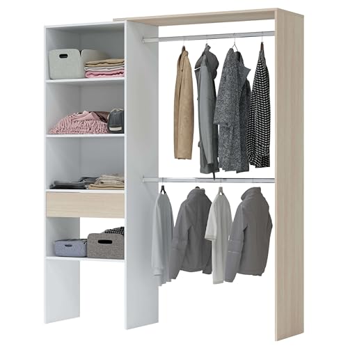 Habitdesign Armario Vestidor, Armario 2 Barras 4 Estantes 1 Cajón, 187x158x40 (AltoxAnchoxFondo - en cm), Vestidor Reversible Color Blanco Artik y Roble