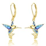 Dreamboat Hummingbird Dangle Drop Leverback Earrings for Women 925 Sterling Silver 14K Gold Plated Abalone Shell Humming Bird Dangling Earring Christmas Birthday Jewelry Gifts for Hummingbirds Lovers