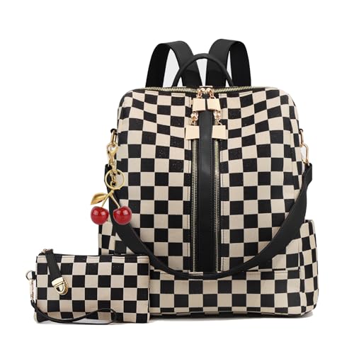 JQWYGB 2 unidades de mochila xadrez feminina de couro com carteira, mochila xadrez nas costas, bolsas, mochilas xadrez, viagens, trabalho, Preto + cereja, M
