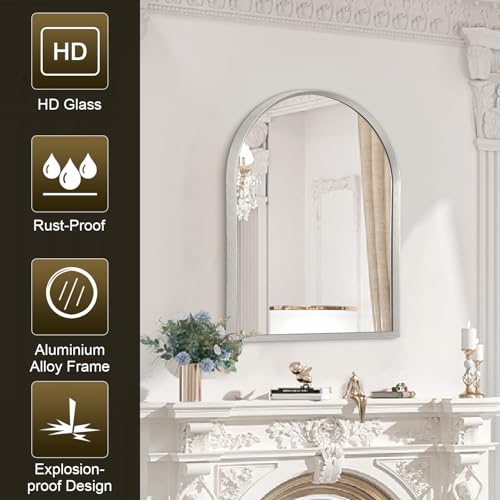 Image of Arched Bathroom Mirror, Wall Mounted Mirror Arch Mirror Aluminum Alloy Frame Bathroom Mirror Living Room, Bedroom, Bathroom and Entryway 20 inchx16 inch