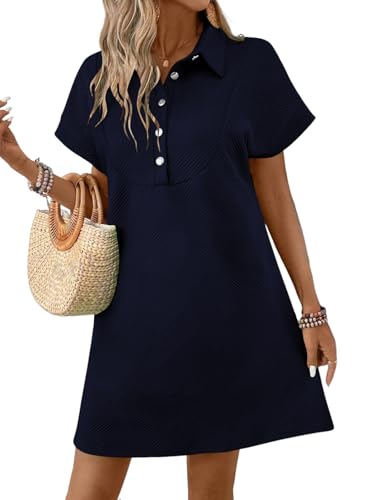 Acelitt Spring Summer Lapel Collared Dresses for Women 2026 Business Casual Work Batwing Short Sleeve Mini Dress Beach Sundress Vacation Outfits Navy Blue Medium