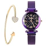 FUNGORGT Valentine's Day Gifts-Ladies Fashion Wrist Watch Casual Crystal Quartz Star Dial Purple Women Watch Magnetic mesh Belt and Bracelet Set Gift