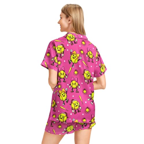 Image of Funny Pajamas for Women Set Print Satin Loungewear Pjs Short Sleeve Button Down Top and Shorts Sets Sleepwear XS-3XL
