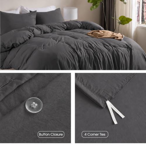 Image of Washed Gray Blue Duvet Cover Set Queen Size,2 Pillow Shams,No Comforter | Prewashed Microfiber, 4 Corner Ties, Button Closure, Ultra Soft, Cotton-Like, All Seasons, Queen Duvet Cover 90x90 in