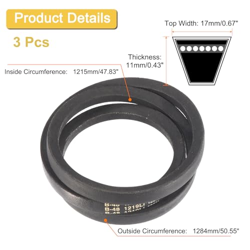 Image of uxcell 3 Pack B48 Classic Wrapped V-Belt, 51 inch Outside Circumference, Black, Industrial Rubber V-Belt
