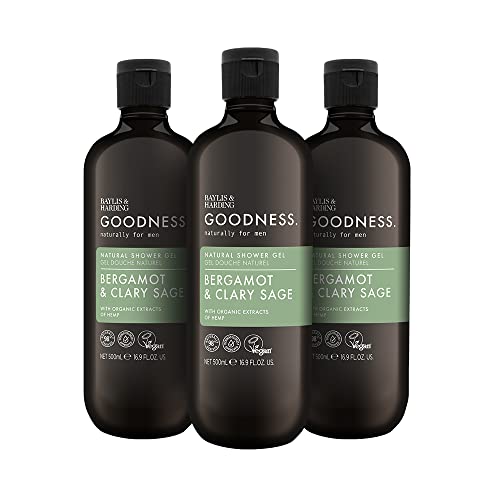 Baylis & Harding Goodness Men's Bergamot & Clary Sage Natural Shower Gel, 500 ml (Pack of 3) - Vegan Friendly