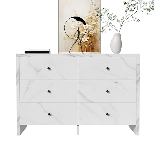 Pangshiyuan Aparador con 6 cajones, color blanco, 120 x 40 x 80 cm, con aspecto de mármol y tiradores de madera negra, de madera aglomerada con bloqueo antivuelco para salón, pasillo, dormitorio