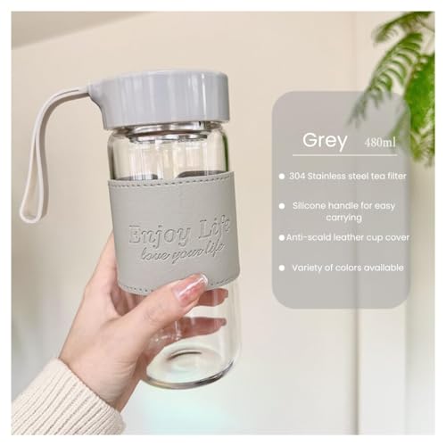 Image of Wosta Leakproof Glass Water Bottle with Stainless Steel Infuser Glass Tea Infuser Bottle with Strainer and Neoprene Sleeve for Loose Leaf Tea, Cold Brew Coffee. (A - GREY, 480ML)