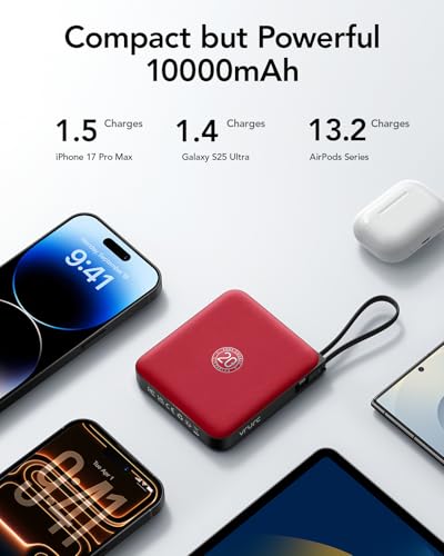 Image of VRURC 10000mAh Portable Charger Power Bank Built-in Cables | Travel Essentials,22.5W Fast Charging,LED Display,Slim,for iPhone 17 /16 /15 Series & Samsung Series,Battery Pack-Red