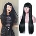 Rosa Star 26”Long Straight Hair Wigs Natural Black Wig with Bangs Synthetic Full Wig for Women (1B)
