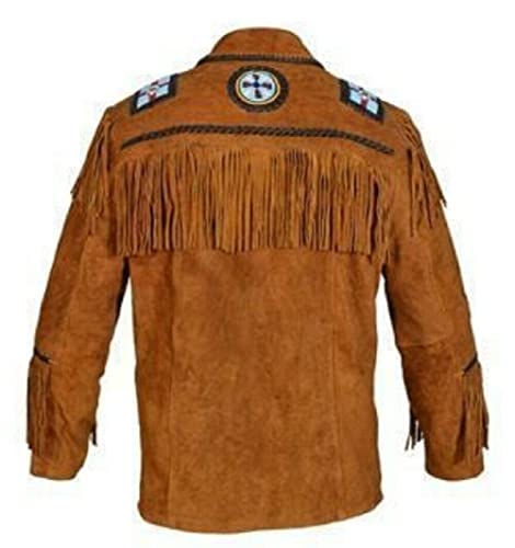 R M Western Cowboy Leather Jacket For Men's Fringes Bones & Suede Beaded Native American -Brown (Medium)2