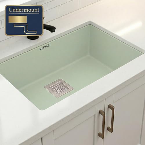 Image of BASINQU Quartz Sink for Kitchen | 24x18x9 Inches Sand-Choco Single Bowl Kitchen Sink | Granite UV Protected Scratch Resistant, Undermount /Topmount Kitchen Sinks