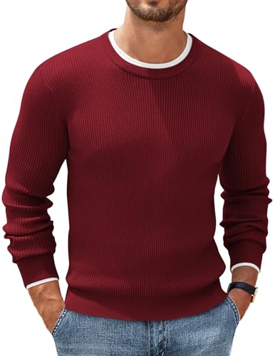 COOFANDY Herren Strickpullover Rundhals Pullover Feinstrick Sweater Langarm Pullover Langarmshirt Regular Fit Pulli Trendy Pullover Weinrot XL