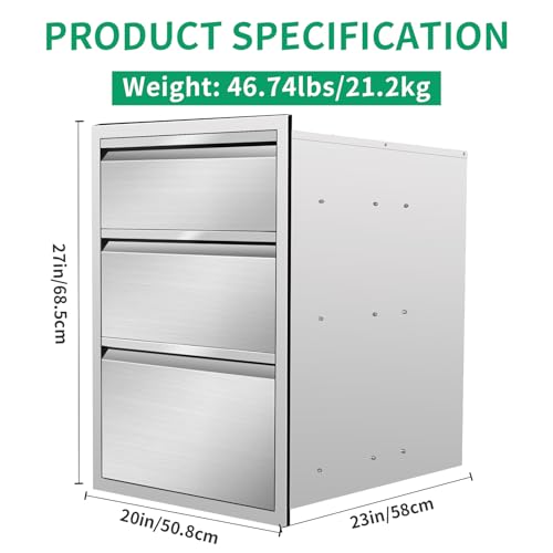 Image of Outdoor Kitchen Drawers 20 inch W x 27 inch H x 23 inch D Stainless Steel Triple Drawers with Hidden Handle for BBQ Island, Patio Grill Station & Outdoor Kitchen Cabinets