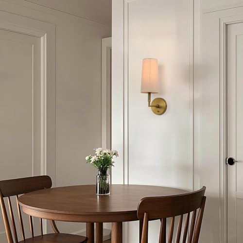 Image of Brass Wall Sconces Set of Two, Hardwired Linen Fabric Shade Wall Lamps, Bathroom Vanity Lights Fixture with Switch, Indoor Wall Lights for Bedroom Living Room Corridor