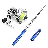 PiscatorZone Pen Fishing Pole 39 Inch Mini Pocket Fishing Rod and Mini Metal Spinning Wheel Travel Fishing Rod Set for Ice Fly Fishing Sea Saltwater Freshwater (Blue, 55In)