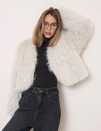 Flygo Women Faux Fur Coat Fluffy Long Sleeve Open Front Cropped Furry Jacket Shaggy 2025 Warm Winter Outwear with Pockets3