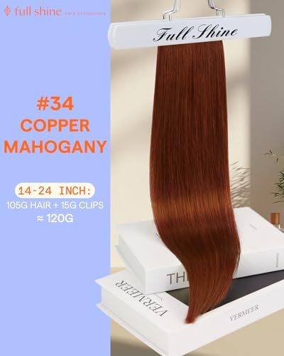 Image of Full Shine Clip in Extensions Real Human Hair Copper Mahogany | Real Human Hair Extensions Clip ins, Dark Auburn, Glam Look, for Festivals, 22 Inch 7 Pcs 120g