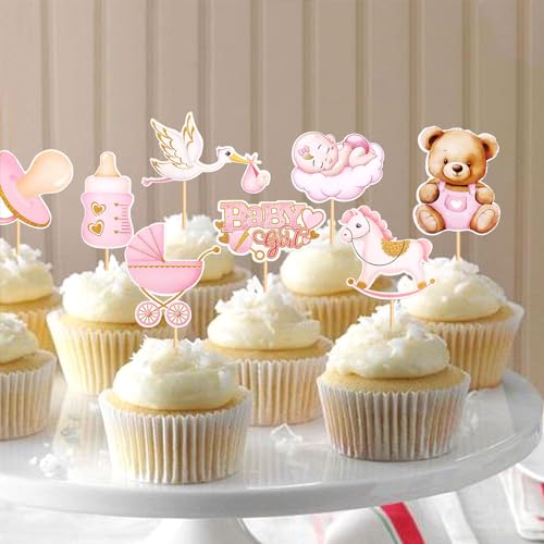 Keaziu HP2023112-BABY GIRL-NEW 32 Pack Baby Girl Cupcake Toppers It'S A Girl Cupcake Picks Pink Bear Nipple Feeder Trojans Stroller Baby Shower Birthday Party Decoration Pink Girl thumb #2
