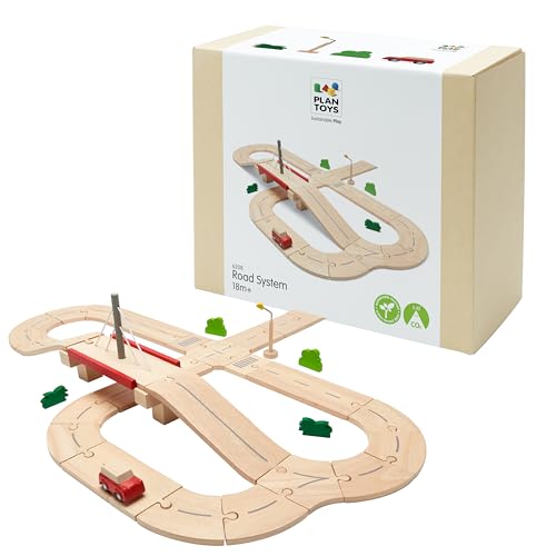 Image of PlanToys Wooden Road System Play Set | Montessori Imaginative City Building and Transport Play Activity | Eco Friendly Open Ended Road and Track Construction Toy
