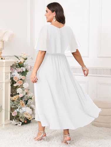 Image of Women Plus Size Long Formal Dress Short Sleeve Chiffon Ruffle V Neck High Low Split Wedding Guest Maxi Dresses