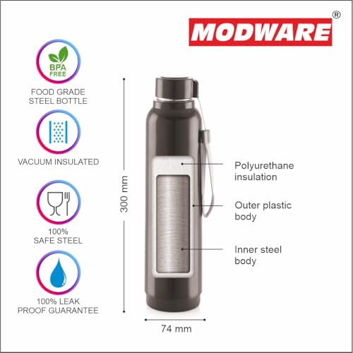 Image of Modware Hydra 1000 Vacuum Insulated Bottle | 750ml | Hot & Cold | Outer Plastic, Inner Stainless Steel | Easy Carry Wrist Belt | for Office, School, College (Black)