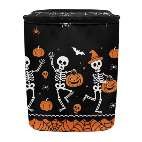 Image of Talayituse Skeleton Pumpkin Bat Print Car Trash Can Portable Auto Garbage Bin Multifunctional Vehicle Interior Accessories with Adjustable Straps Universal Fit Truck SUV Sedan Halloween Decor