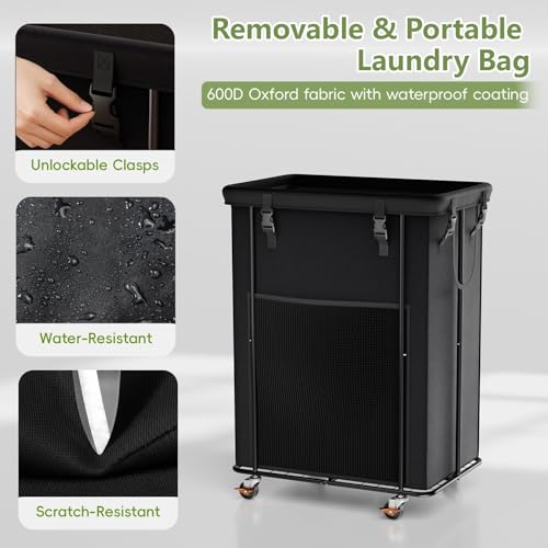 Image of 200L Laundry Hamper with Wheels, Rolling Laundry Basket with Metal Frame and Removable Bag, Large & Tall Dirty Clothes Hampers for Bedroom Aesthetic, Laundry Room, Bathroom, Dorm-Black