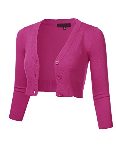Floria Women Solid Button Down 3/4 Sleeve Cropped Bolero Cardigan Sweater Magenta L #TOP5