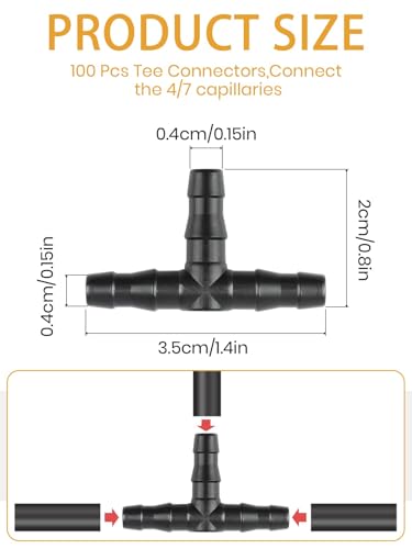 Kalolary 100Pcs Sprinkler Bewässerung 4/7mm T-Stück Barb Schlauchverbinder PVC Berieselungs, Bewässerungsschlauch Zerstäubungsdüse Tropfen Mikro Spray Bewässerungs Gelenk