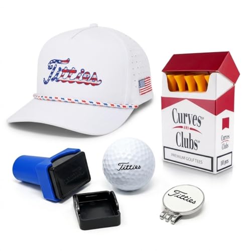 Image of Curves & Clubs Titties Golf Hat - Funny Golf Hat, Titties Hat - Funny American Hat - Men's Gifts (Cotton, White-Black)