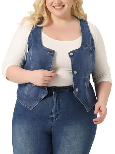 Agnes Orinda Plus Size Denim Jackets for Women Sleeveless Lightweight Button Jean Crop Waistcoat Vests2